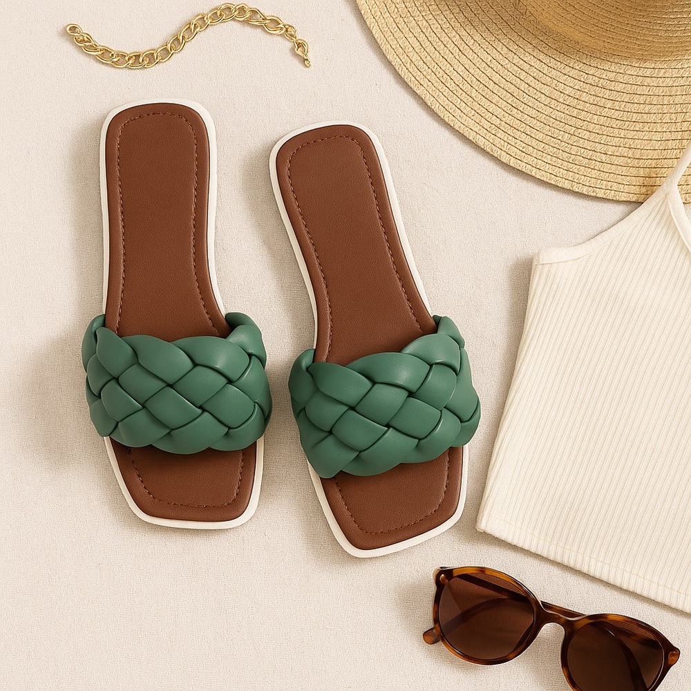 Green Braided Flat Sandals – Square Toe Slip-On Summer Slides Size 6.5 - Picture 3 of 3